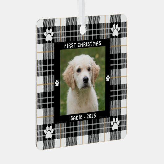 Dog FIRST CHRISTMAS Black White Tan Pset Metalen Ornament (Voorkant Rechts)