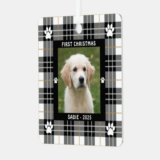 Dog FIRST CHRISTMAS Black White Tan Pset Metalen Ornament (Voorkant links)