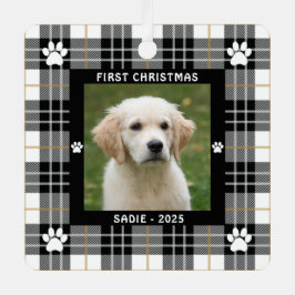 Dog FIRST CHRISTMAS Black White Tan Pset Metalen Ornament