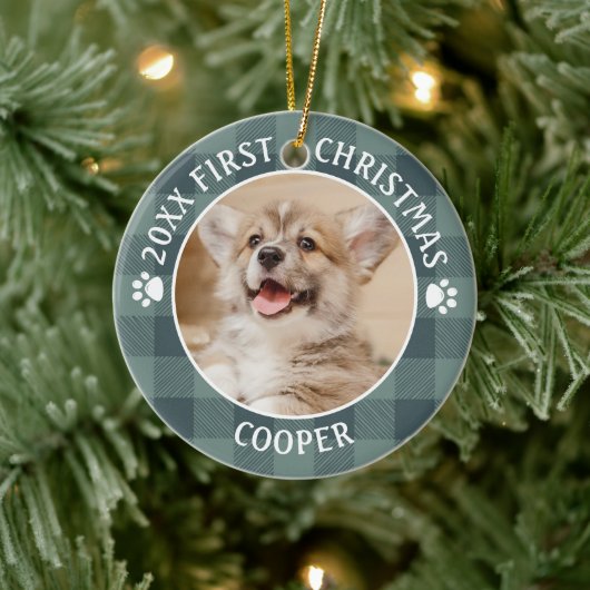 Dog FIRST CHRISTMAS Green Buffalo Keramisch Ornament (Boom)
