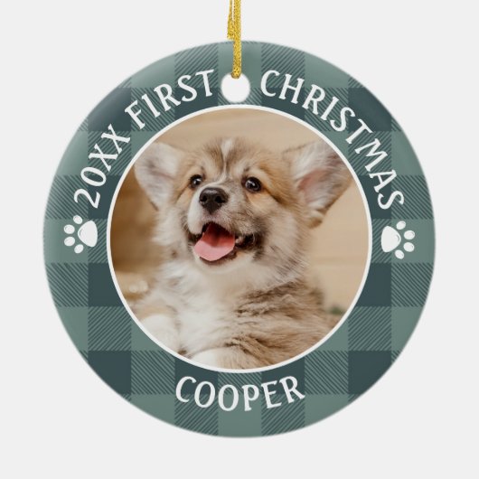 Dog FIRST CHRISTMAS Green Buffalo Keramisch Ornament (Achterkant)