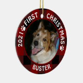 Dog FIRST CHRISTMAS Red Buffalo Pset 2 Foto Keramisch Ornament (Rechts)