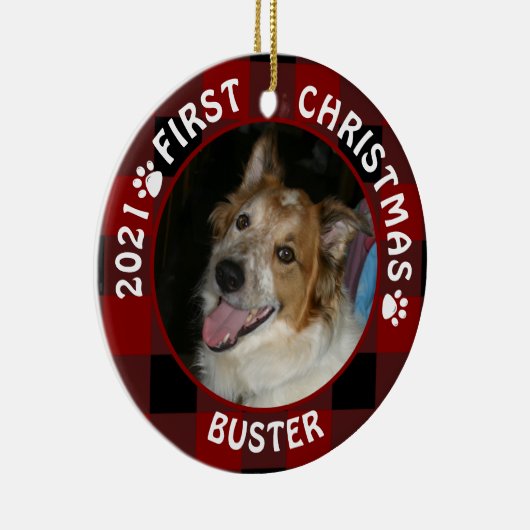 Dog FIRST CHRISTMAS Red Buffalo Pset 2 Foto Keramisch Ornament (Rechts)