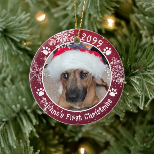Dog First Christmas Snowflakes 2 Photos Keramisch Ornament (Boom)