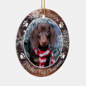 Dog First Kerstmis Rustic Wood Snowflake Foto Keramisch Ornament (Rechts)