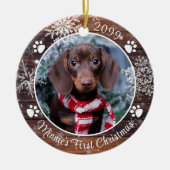 Dog First Kerstmis Rustic Wood Snowflake Foto Keramisch Ornament (Voorkant)