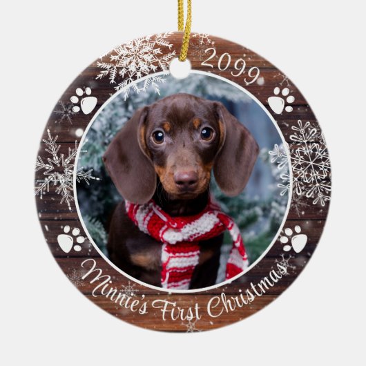Dog First Kerstmis Rustic Wood Snowflake Foto Keramisch Ornament (Voorkant)