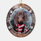 Dog First Kerstmis Rustic Wood Snowflake Foto Keramisch Ornament (Links)