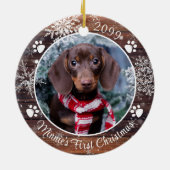 Dog First Kerstmis Rustic Wood Snowflake Foto Keramisch Ornament (Achterkant)
