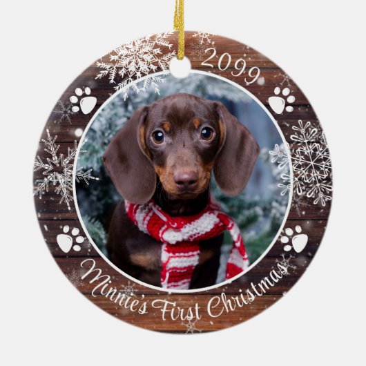 Dog First Kerstmis Rustic Wood Snowflake Foto Keramisch Ornament (Achterkant)