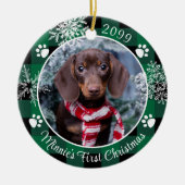 Dog First Kerstmis Snowflake Foto Green Pset Keramisch Ornament (Voorkant)