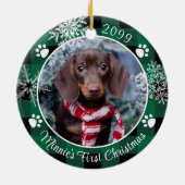 Dog First Kerstmis Snowflake Foto Green Pset Keramisch Ornament (Achterkant)
