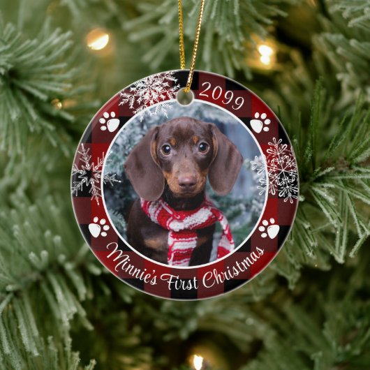 Dog First Kerstmis Snowflake Foto Red Pset Keramisch Ornament (Boom)