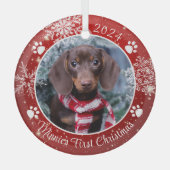 Dog First Kerstmis Snowflake Foto Red White Glas Ornament (Voorkant)