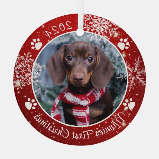Dog First Kerstmis Snowflake Foto Red White Glas Ornament (Achterkant)