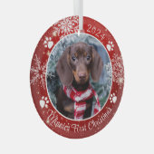 Dog First Kerstmis Snowflake Foto Red White Glas Ornament (Voorkant Rechts)