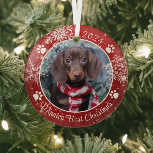 Dog First Kerstmis Snowflake Foto Red White Glas Ornament