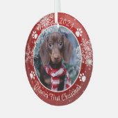 Dog First Kerstmis Snowflake Foto Red White Glas Ornament (Voorkant links)