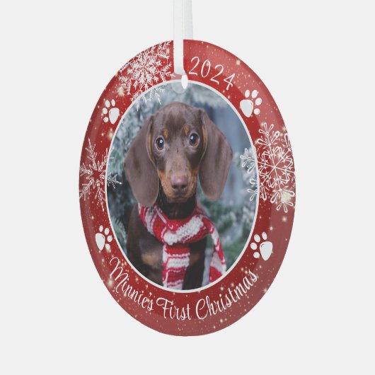 Dog First Kerstmis Snowflake Foto Red White Glas Ornament (Voorkant links)