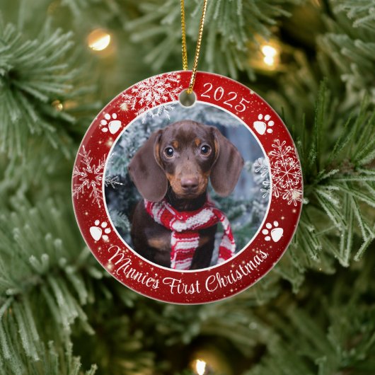Dog First Kerstmis Snowflake Foto Red White Keramisch Ornament (Boom)