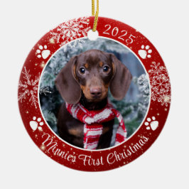 Dog First Kerstmis Snowflake Foto Red White Keramisch Ornament