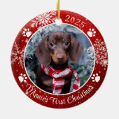 Dog First Kerstmis Snowflake Foto Red White Keramisch Ornament (Achterkant)