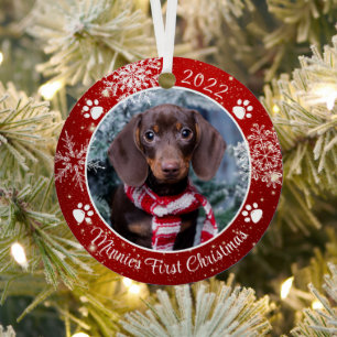 Dog First Kerstmis Snowflake Foto Red White Metalen Ornament