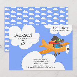 Dog Flying Airplane Cute Boy's Birthday Party Kaart