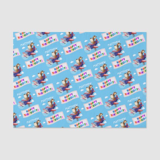 Dog Flying Airplane Personised Birthday Tissuepapier (Voorkant)