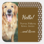 Dog Foto en familienaam Polka Dot Brown Vierkante Sticker (Voorkant)