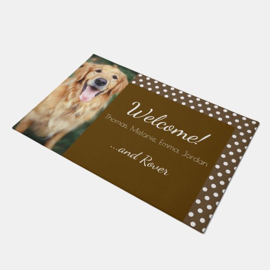 Dog Foto en familienaam Polka Dot Brown Welkom Deurmat (Schuin)