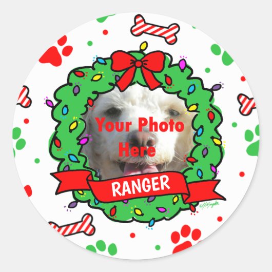 Dog-foto met kerstmis ronde sticker (Voorkant)