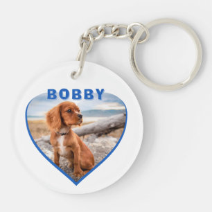 Dog Foto Naam Blue Heart Dog Sleutelhanger