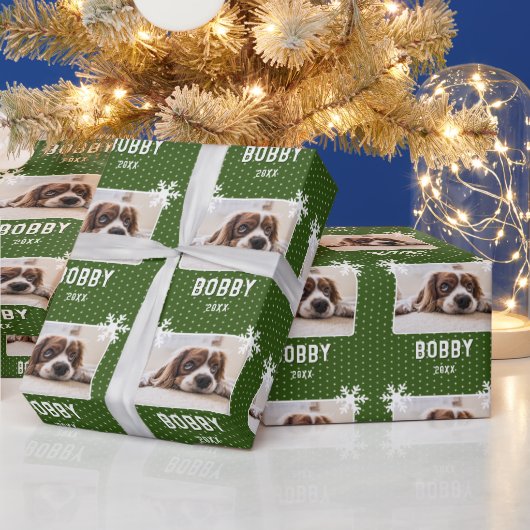 Dog Foto Snowflakes Green Pet Name Kerstmis Cadeaupapier (Feestdagen)