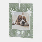 Dog Foto Snowflakes Green Pet Name Kerstmis Glas Ornament (Voorkant links)