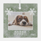 Dog Foto Snowflakes Green Pet Name Kerstmis Glas Ornament (Voorkant)