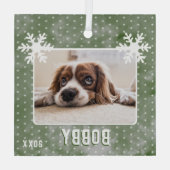 Dog Foto Snowflakes Green Pet Name Kerstmis Glas Ornament (Achterkant)