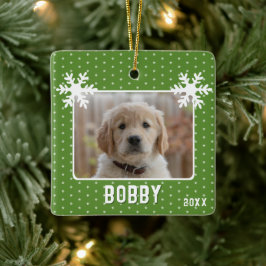 Dog Foto Snowflakes Green Pet Name Kerstmis Keramisch Ornament