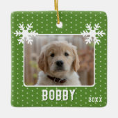 Dog Foto Snowflakes Green Pet Name Kerstmis Keramisch Ornament (Voorkant)