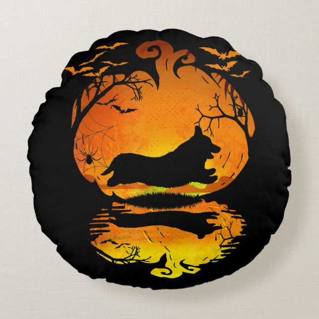 Dog Gift | Corgi Silhouette Pumpkin Halloween Rond Kussen (Voorkant)