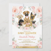 Dog Girl Baby shower Blush Pink Floral Puppies Kaart (Voorkant)