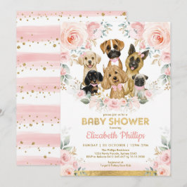 Dog Girl Baby shower Blush Pink Floral Puppies Kaart