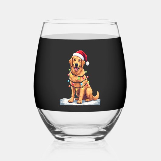 Dog Golden Retriever Santa Christmas Xmas Lights ( Wijnglas Zonder Voet (Voorkant)