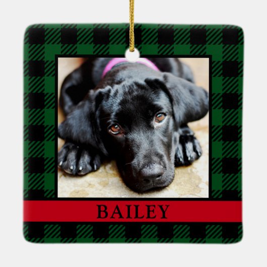 Dog Green Buffalo Check Foto Keramisch Ornament (Achterkant)