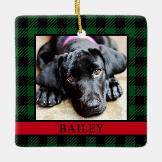 Dog Green Buffalo Check Foto Keramisch Ornament (Voorkant)