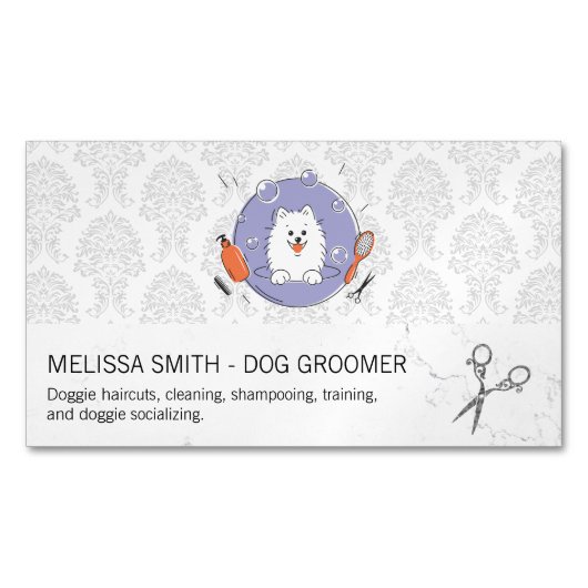 Dog Groomer Logo | Damaspatroon Magnetisch Visitekaartje (Voorkant)