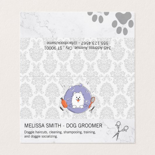 Dog Groomer Logo | Damaspatroon Visitekaartje (Buitenkant ongevouwen)