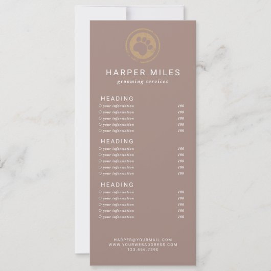 Dog groomer paw stamp price list of services card kaart (Voorkant)