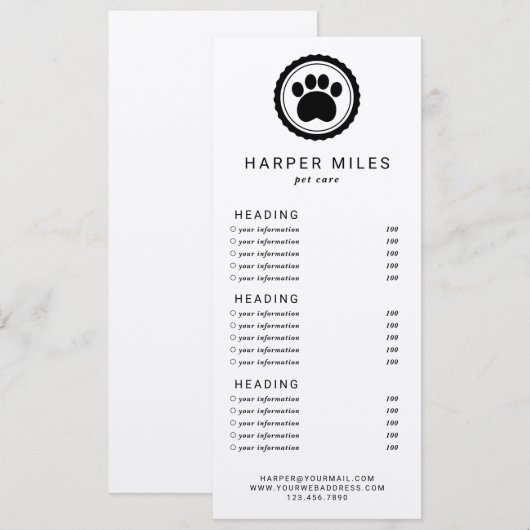 Dog groomer paw stamp price list of services card kaart (Voorkant / Achterkant)
