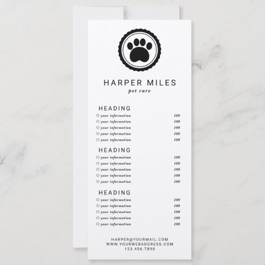 Dog groomer paw stamp price list of services card kaart (Voorkant)
